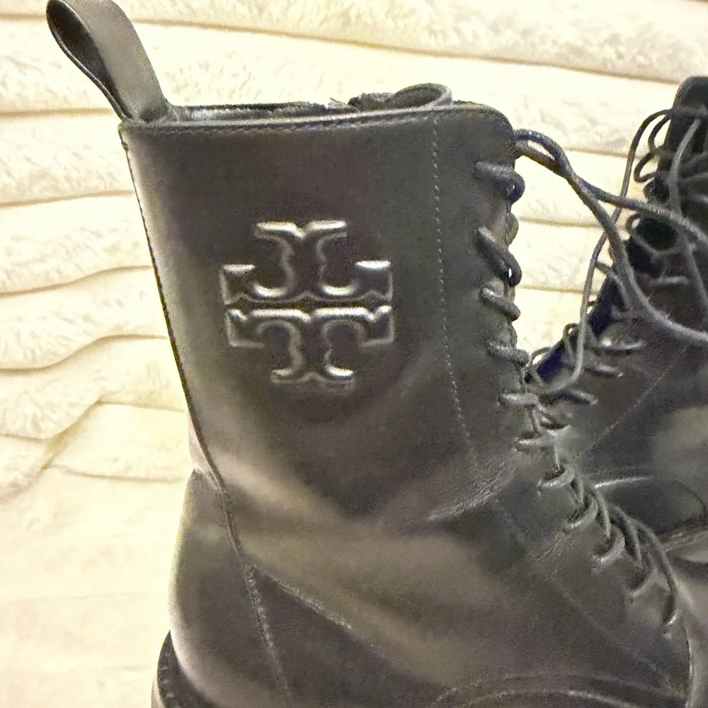 Tory Burch Black Leather Lace-Up Combat Boots with Logo